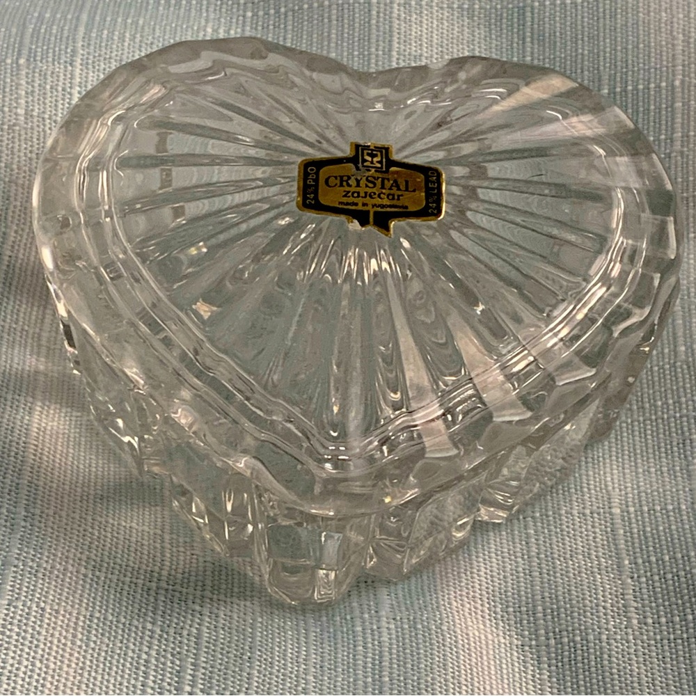 Crystal Heart Trinket Jar With Lid Yugoslavia 24% Lead Faceted Vintage